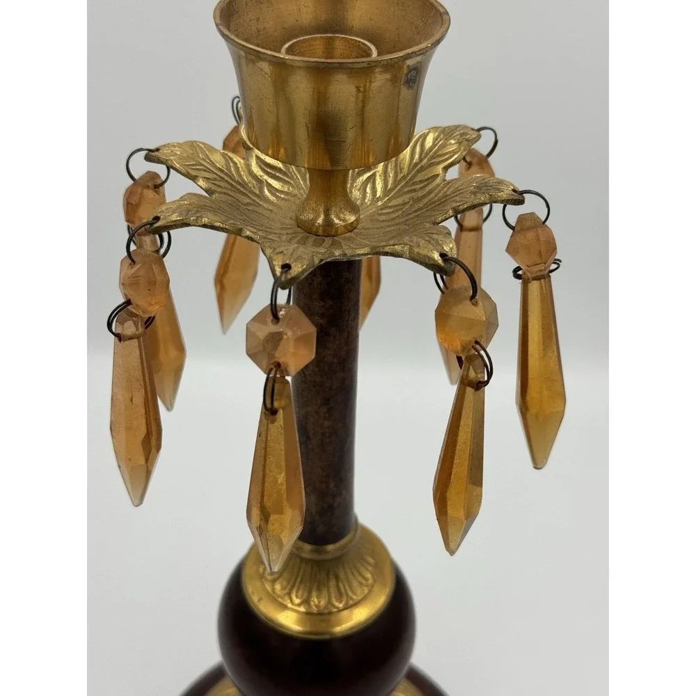 Vintage Heavy Gold Tone & Brown Candle Stick Holder With Orange Acrylic Prisms